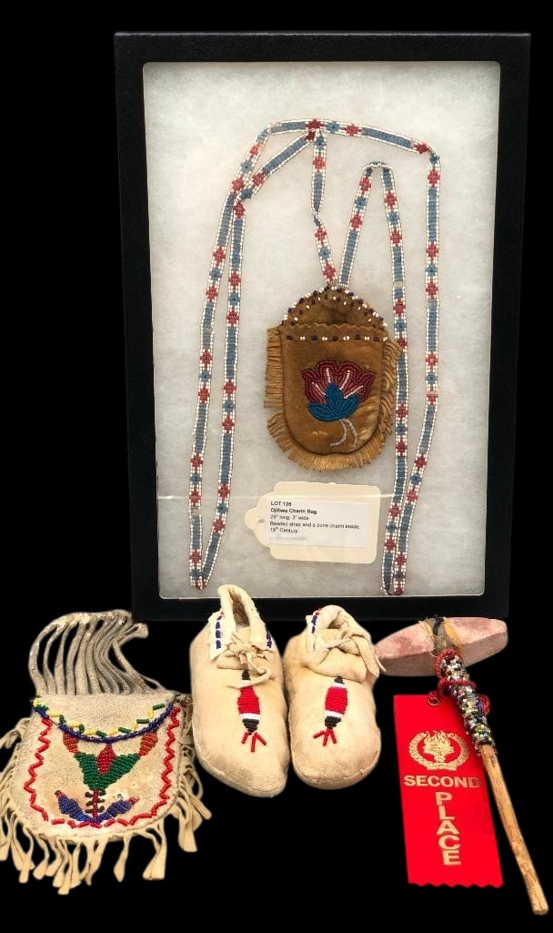 Vintage Beadwork Lot With Two Bags, Baby Moccasins And Award Winning Pipestone Club: Offered here for your consideration is a group of vintage beadwork with two bags, a pair of baby moccasins and an award winning pipestone club with its ribbon. Included is an Ojibway charm bag with