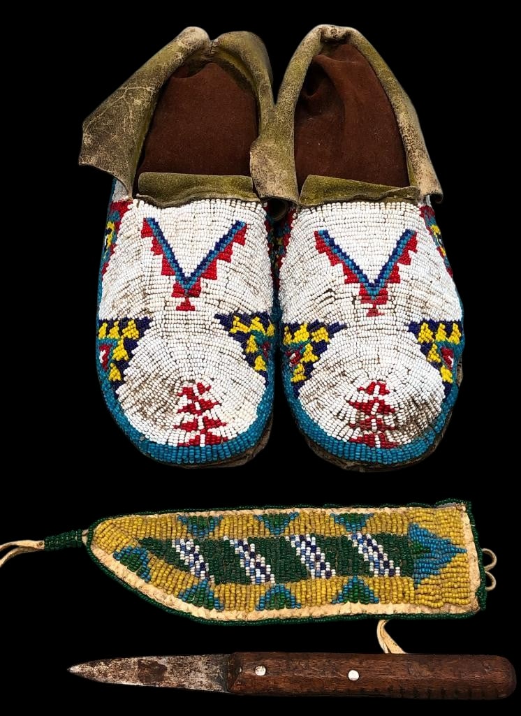 Vintage Plains Beaded Moccasins With Knife Sheath and Knife (1 of 11)