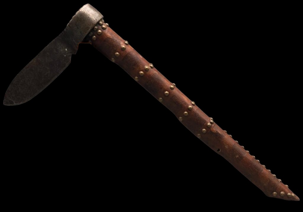 Hand Forged Tacked Antique Hatchet or Tomahawk: Offered here for your consideration is a really neat old, hand forged hatchet or tomahawk with a tacked wooden haft with holes for a lanyard fitting. This would look great on display in your home or o