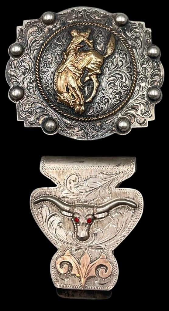 Sterling Silver And Gold Vogt Belt Buckle With Sterling Silver And Gold Money Clip: Presented here for your consideration is a sterling silver and gold Vogt belt buckle along with a sterling silver and gold money clip. Both feature engraved designs and the buckle is further highlight