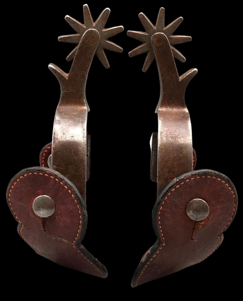 Pair Outside Of Heel Band Marked Crockett Spurs: Available here for your consideration is a pair of outside of the heel band marked Crockett spurs (making them late 1920s - 1930s). These spurs have nine point handmade rowels and come with leather