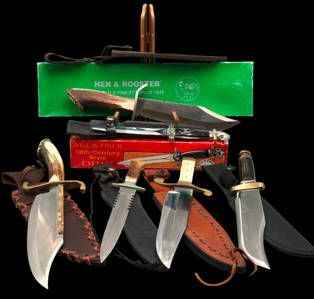 Group Of Six Fighting Style Knives: Offered here for your consideration is a group of six fighting style knives featuring several fixed blade knives, one folding knife and one Damascus pattern blade. They are fitted with wooden, bone, a