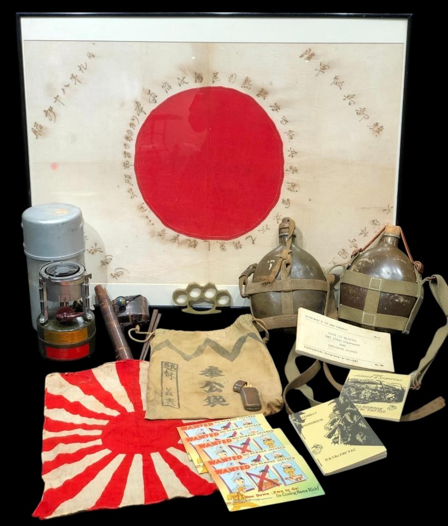 Mixed Collection Japanese Flags Canteens Etc. World War II Era: Offered for your consideration is a mixed collection of Japanese flags, canteens, etc, World War II era. This grouping includes two Imperial Japanese flags, military canteens, a trench style lighter,
