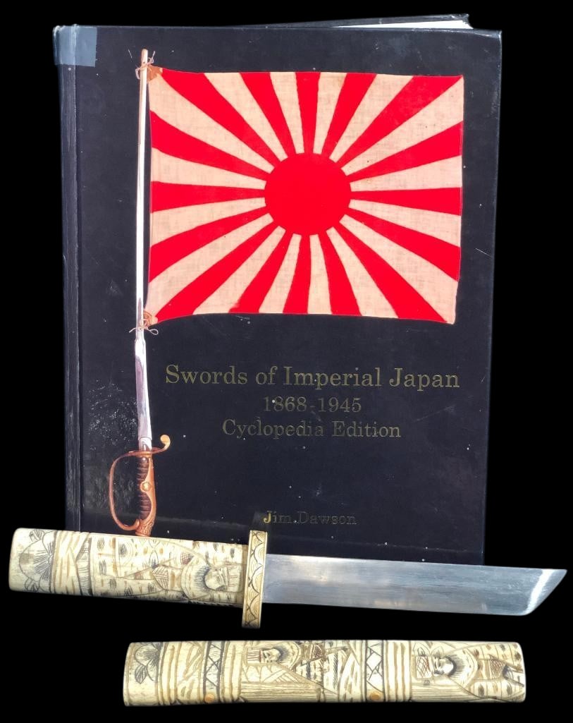 Rare Swords Of Imperial Japan Book With Bone Handled Tanto - Dagger: Offered here for your consideration is a rare, Swords of Imperial Japan, book and it comes with a bone handled Tanto - dagger. The dagger features a single edged steel blade highlighted with a carved