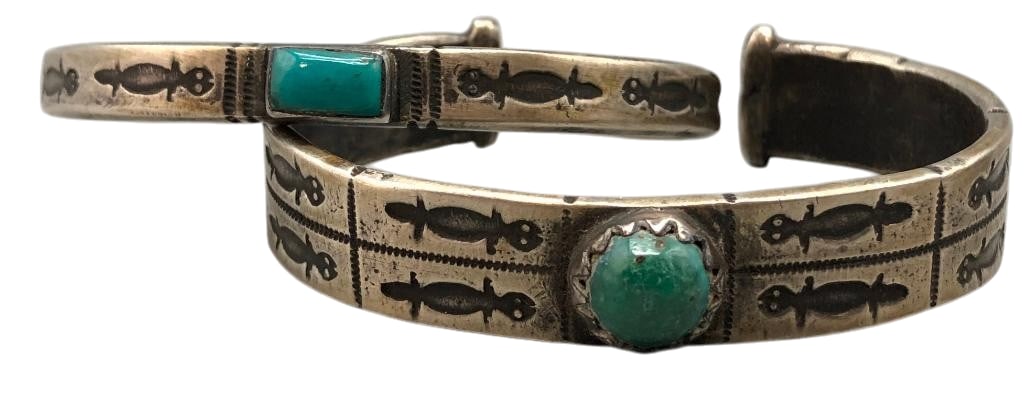 Coin Silver Ingot And Turquoise Bracelets By Jock Favour: Offered here for your consideration are coin silver ingot and turquoise bracelets by Jock Favour. Both pieces feature a turquoise cabochon set in a smooth or sawtooth silver bezel accented with hand s