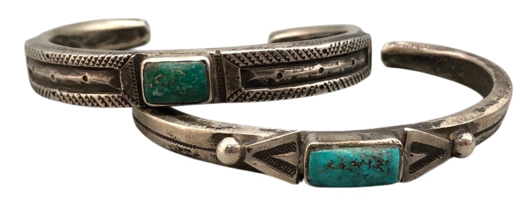 Two Coin Silver & Ingot Turquoise Bracelets By Jock Favour: Offered here for your consideration are two coin silver ingot and turquoise bracelets by Jock Favour. Both pieces feature a turquoise cabochon set in a smooth silver bezel accented with hand stamped d