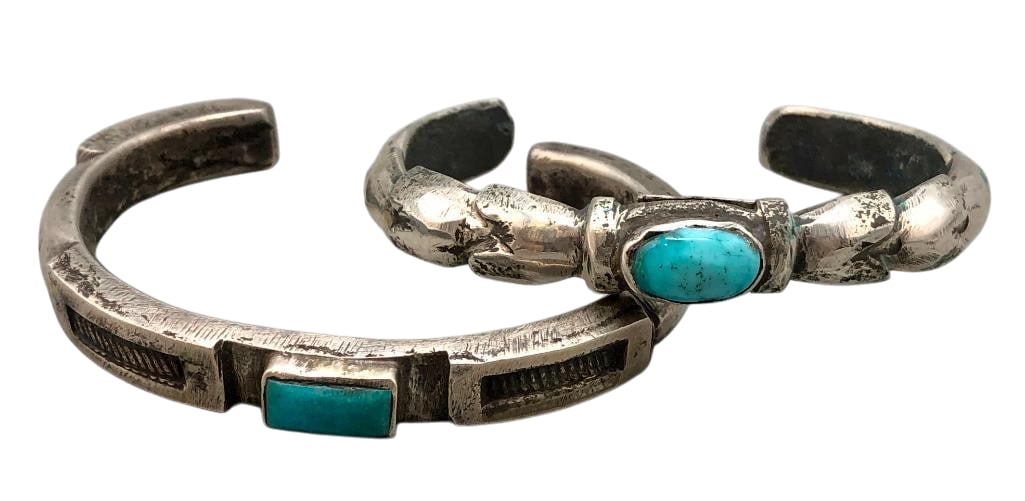 Two Coin Silver Ingot And Turquoise Bracelets By Jock Favour: Offered here for your consideration are two coin silver ingot and turquoise bracelets by Jock Favour. Both pieces feature a turquoise cabochon set in a smooth silver bezel accented with hand stamped d