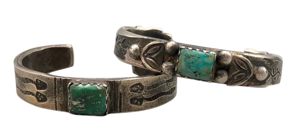 Two Coin Silver Ingot And Turquoise Bracelets By Jock Favour: Offered here for your consideration are two coin silver ingot and turquoise bracelets by Jock Favour. Both pieces feature a turquoise cabochon set in a sawtooth silver bezel accented with hand stamped