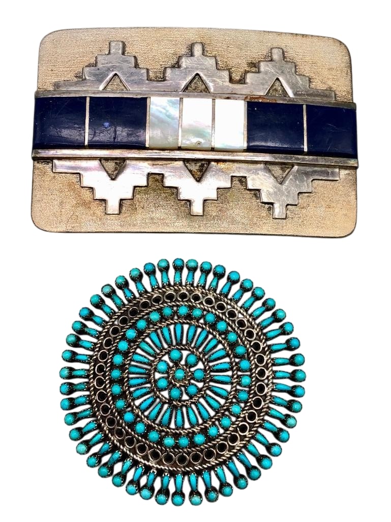 Fine Zuni Pin And Nice Navajo Buckle: Presented here for your bidding pleasure is a fine Zuni pin and nice Navajo buckle. This sterling silver buckle has a channel inlay design created with multiple settings of lapis and mother of pearl. 