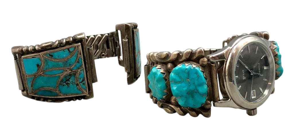 Two Vintage Zuni Sterling Silver And Turquoise Watch Tips: Included for sale in this lot are two vintage Zuni sterling silver and turquoise watch tips. One pair features turquoise cabochons with intricate carved designs set in sawtooth silver bezels. The othe