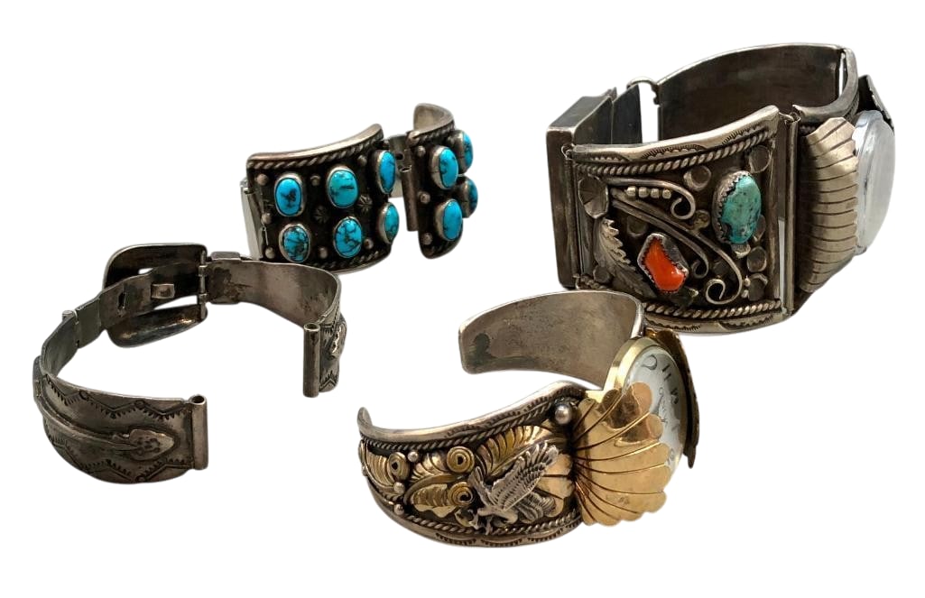 Four Sterling Silver Watch Bracelets - Tips With Various Settings: Included for sale in this lot are four sterling silver watch bracelets-tips with various settings. One piece features a solid silver cuff, another pair is joined by an expandable silver band, while th