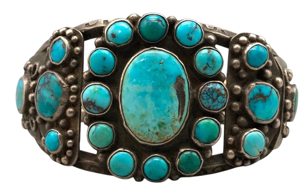 Circa 1920s-1930s Natural Turquoise And Sterling Silver Bracelet: Offered here for your consideration is a circa 1920s-1930s natural turquoise and sterling silver bracelet. This piece features turquoise cabochons set in smooth silver bezels. Accenting the stones are