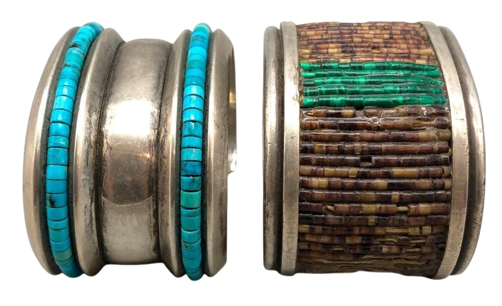 Two Sterling Silver Bracelets With Heishi Beads: Offered here for your consideration are two sterling silver bracelets with Heishi beads. Both pieces feature a bead inlay consisting of turquoise or malachite and shell. *NOTE: One bracelet is missing