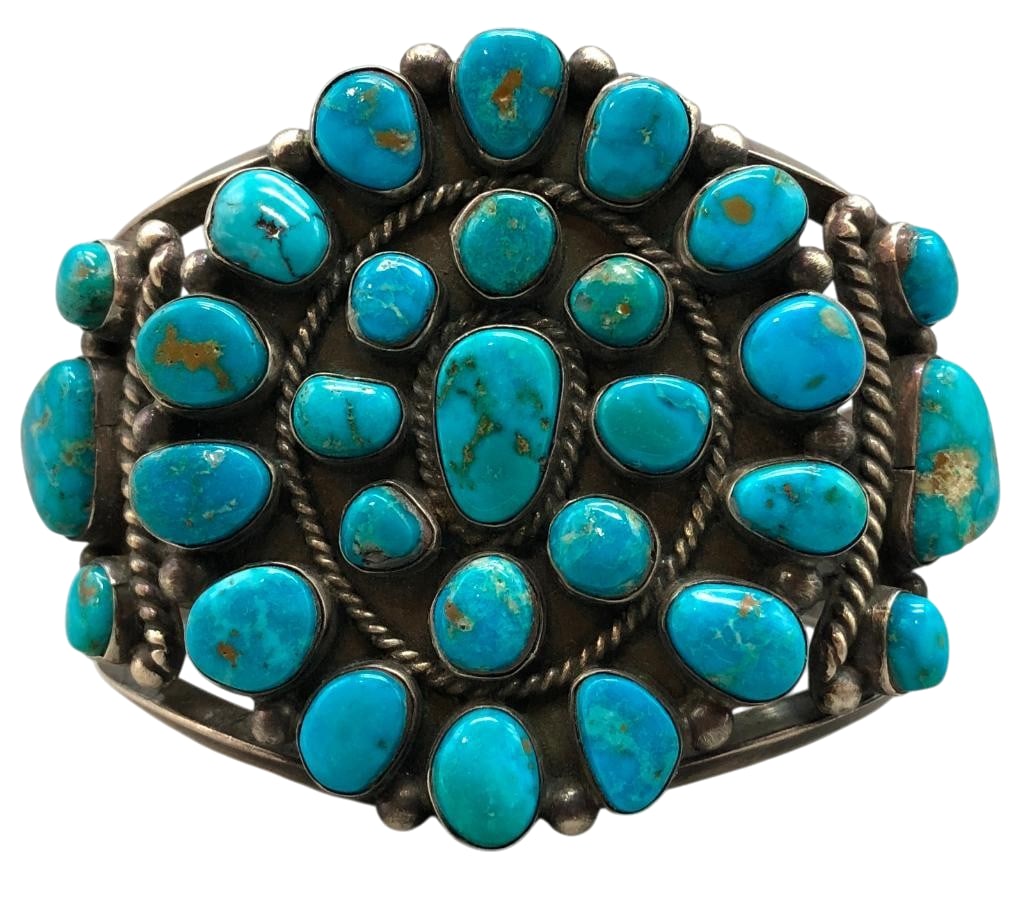 Natural Turquoise Cluster And Sterling Silver Bracelet By P. Wheeler: Offered here for your consideration is a natural turquoise cluster and sterling silver bracelet by P. Wheeler. This piece features a cluster of turquoise cabochons set in smooth silver bezels accented