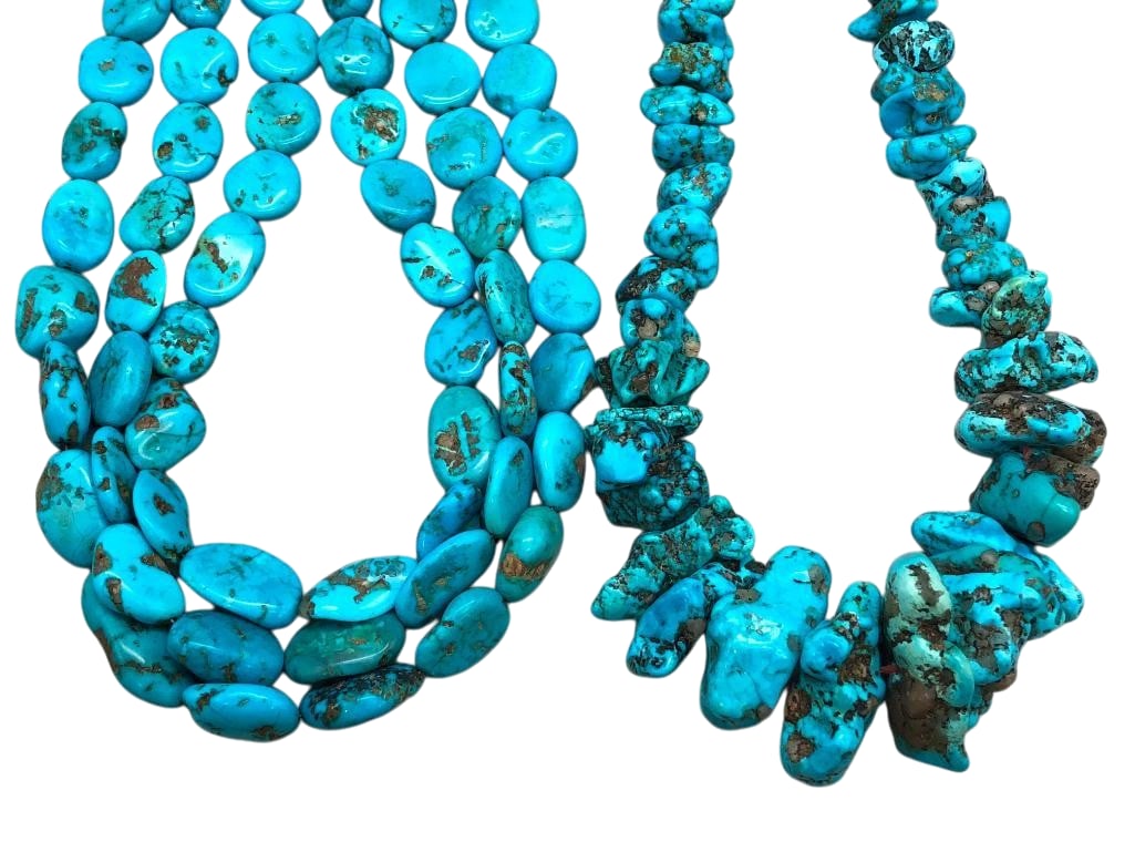 Two Turquoise Bead Necklaces: Offered here for your consideration are two turquoise bead necklaces. One piece features three strands of oval turquoise beads, while the other showcases one strand of nugget style turquoise beads in 