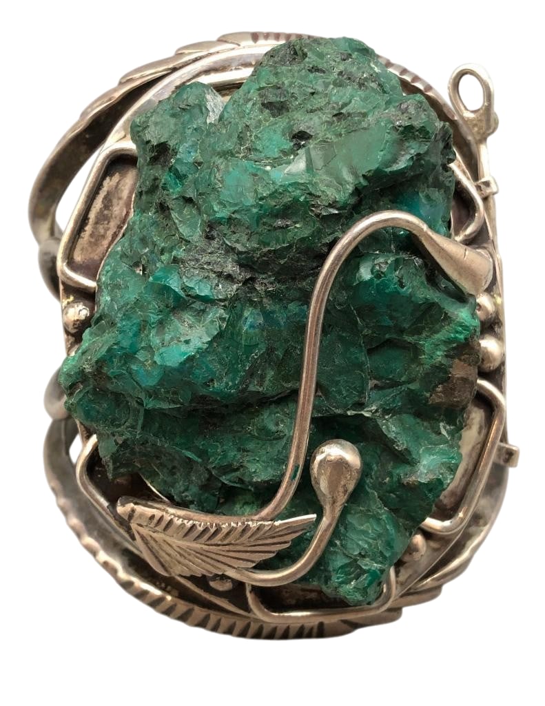 Unique Chrysocolla And Sterling Silver Compact Style Bracelet: Offered here for your consideration is a unique chrysocolla and sterling silver compact style bracelet. This piece features a rough chrysocolla stone set in a smooth silver bezel, which opens up to di
