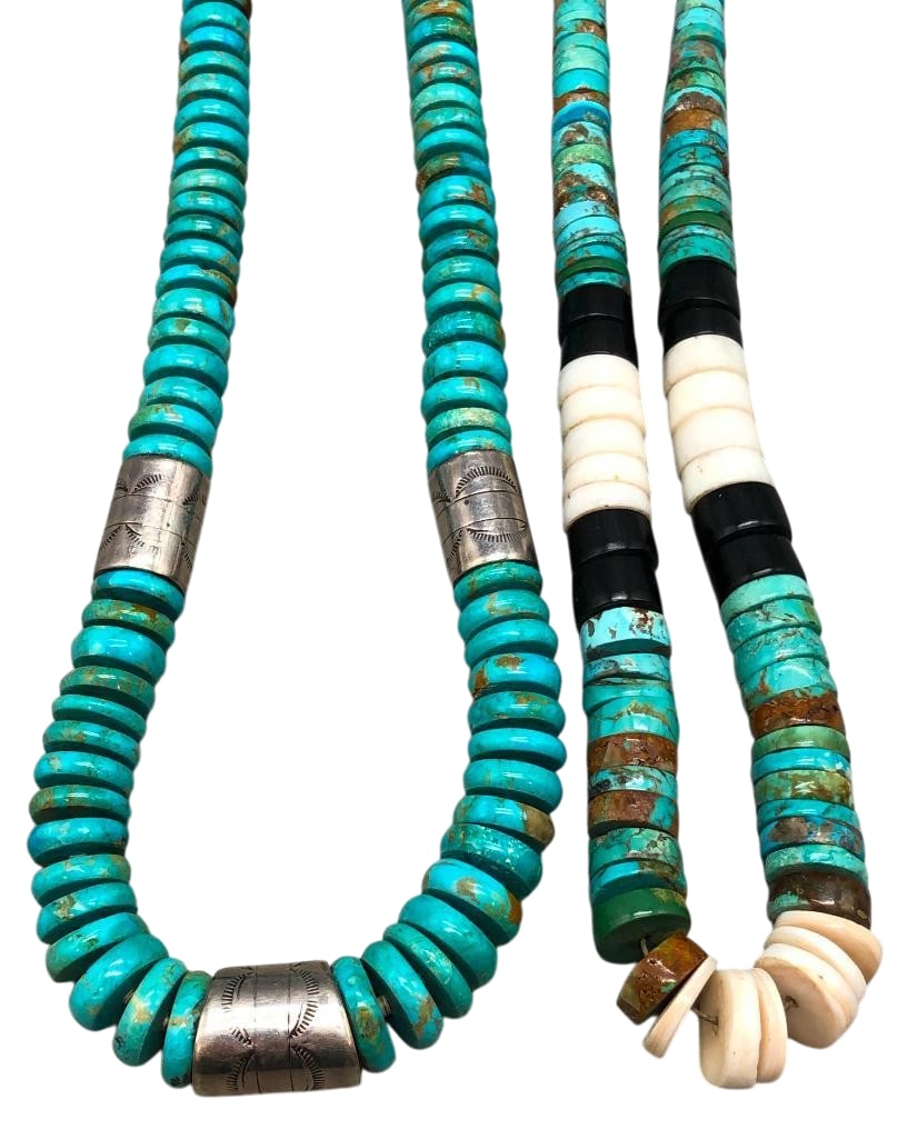 Two Turquoise And Sterling Silver Necklaces - One With Other Stones: Offered here for your consideration are two turquoise and sterling silver necklaces - one with other stones. Both pieces feature turquoise disc beads in graduated sizes. One necklace is accented with 