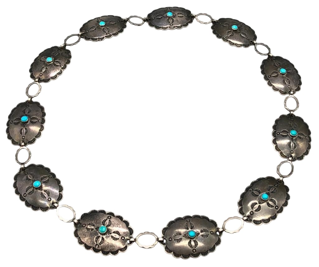 Fred Harvey Era Sterling Silver Hat Band: Offered here for your consideration is a Fred Harvey sterling silver hat band. This piece features 11 oval conchos each highlighted with a blue cabochon accented with hand stamped designs. The conchos