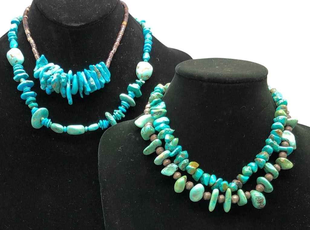 Four Turquoise Necklaces: Offered here for your consideration are four turquoise necklaces. Each piece features turquoise beads in graduated sizes. One necklace is accented with shell Heishi beads, while the other features sil