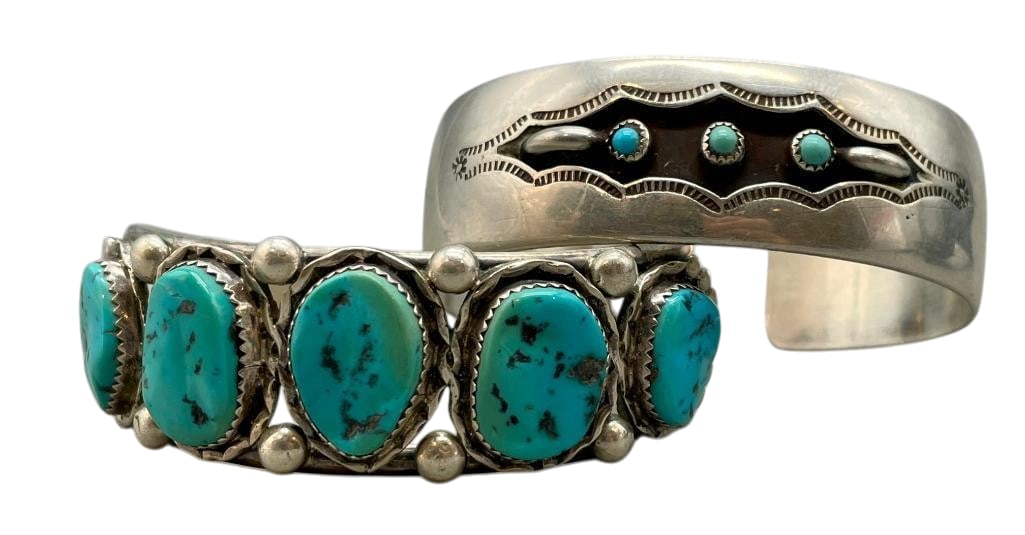 Two Sterling Silver And Turquoise Bracelets: Available here for your consideration are two sterling silver and turquoise bracelets. The first bracelet features five turquoise cabochons set in sawtooth silver bezels on a two wire terminal. The st