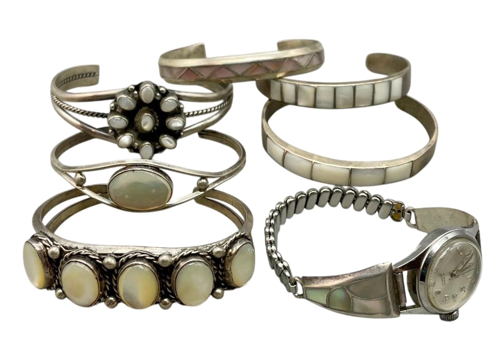 Six Sterling Silver And Mother Of Pearl Bracelets With One Watch Bracelet (1 of 14)