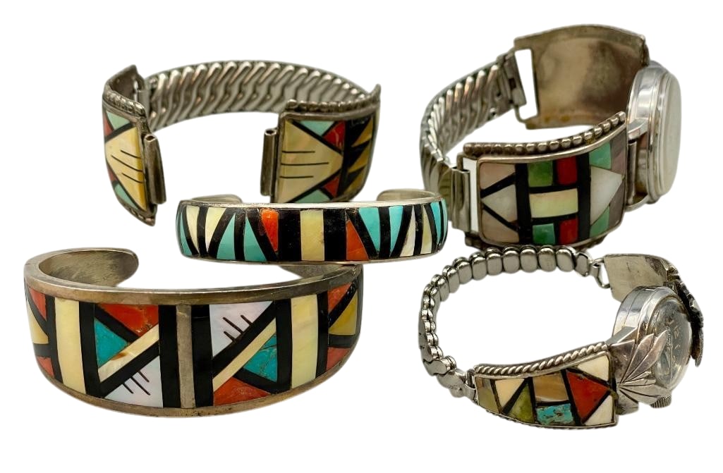 Five Sterling Silver And Multi Stone Inlay Bracelets And Watches: Included for sale in this lot are five sterling silver and multi stone inlay bracelets and watches. This group includes two solid silver cuffs and three pairs of watch tips connected by expendable ban