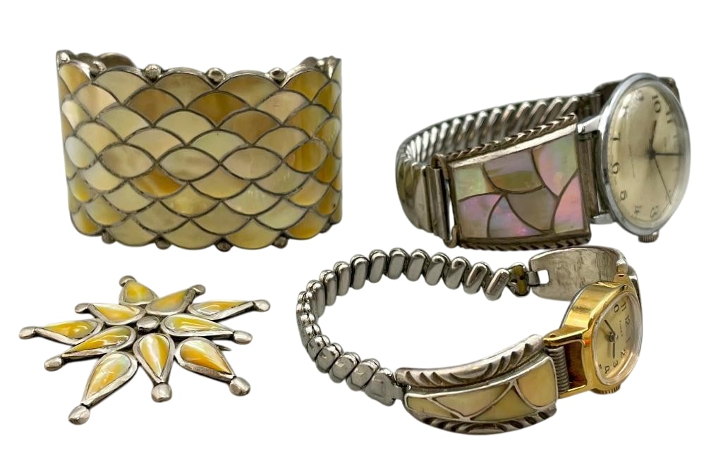 Sterling Silver And Lip Shell Bracelet, Pin and Two Watches: Offered here for your consideration is a sterling silver and lip shell bracelet, pin and two watches. These pieces are highlighted with shell flush inlay or shell cabochons. Two of the pieces are acce