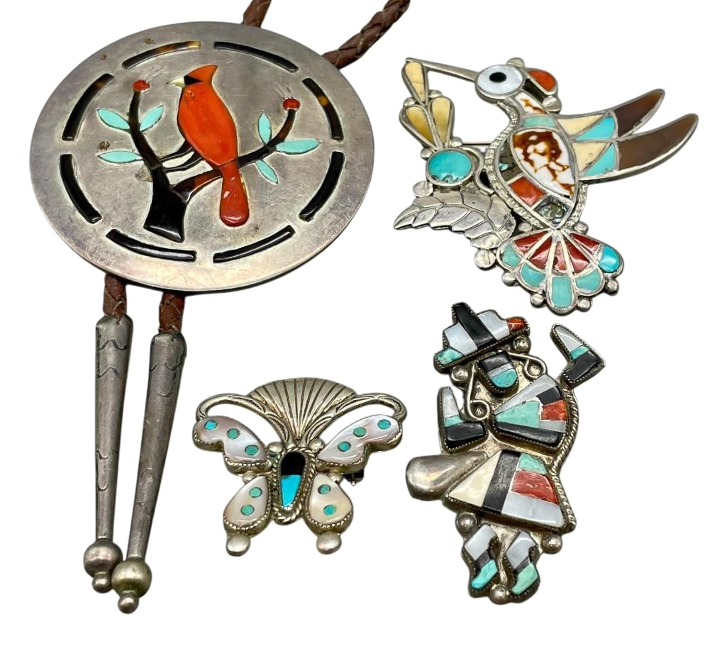 Sterling Silver And Multi Stone Inlay Bolo Tie With Three Pins: Offered here for your consideration is a sterling silver and multi stone inlay bolo tie with three pins. Each piece features a multi stone inlay design. Motifs include birds, butterflies and Rainbow M