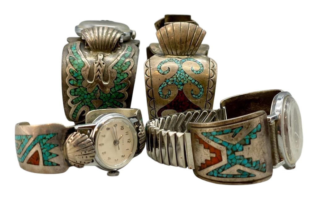 Four Sterling Silver And Chip Inlay Watch Bracelets: Offered here for your consideration are four sterling silver and chip inlay watch bracelets. Each piece features a turquoise only or turquoise and coral chip inlay design. Three of the bracelets are f