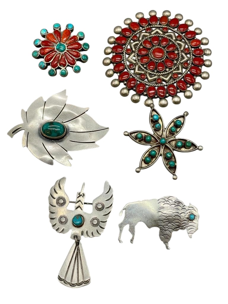 Six Sterling Silver Pins With Various Designs: Offered here for your consideration are six sterling silver pins with various designs. Each piece features turquoise or coral cabochons set in silver bezels. Accenting the stones are silver dots, twis