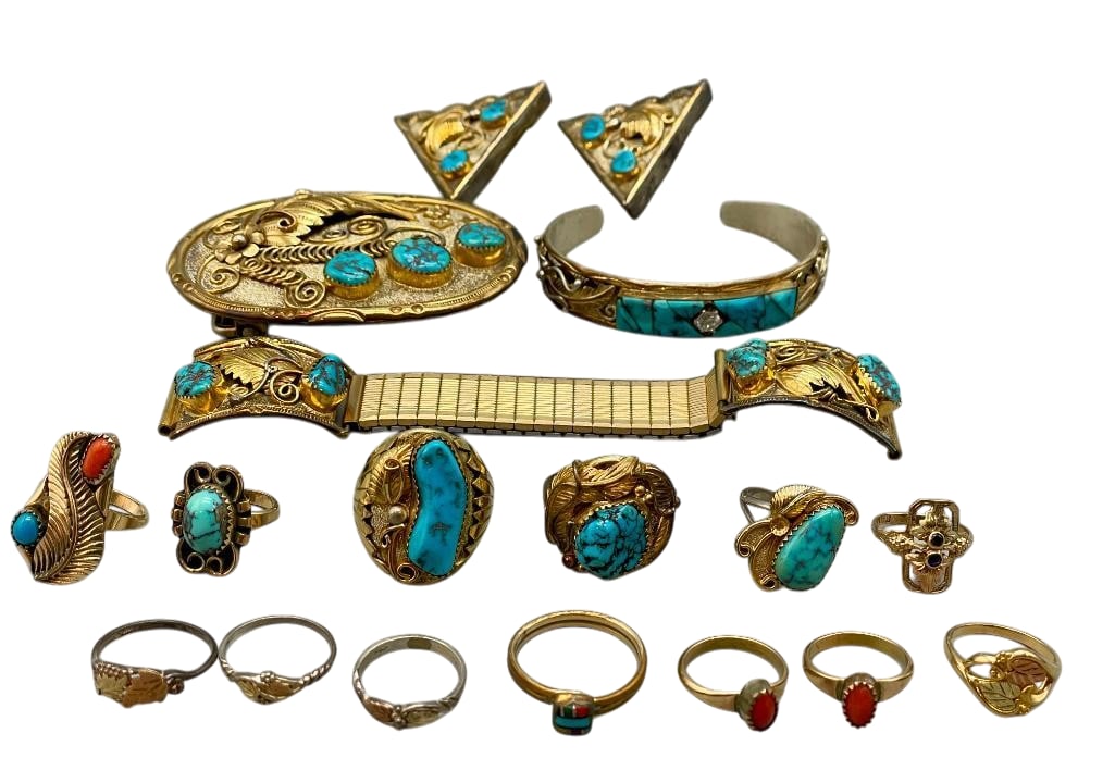 Group of Sterling Silver, Turquoise and Gold Filled Jewelry: Offered here for your consideration is a group of sterling silver, turquoise and gold filled jewelry. Included are 13 rings, one buckle, one watch bracelet, one cuff and a pair of collar tips. Most of