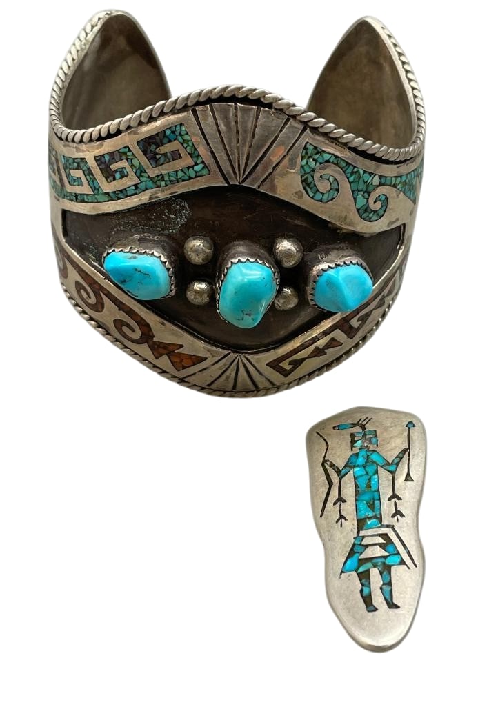 Vintage Sterling Silver And Inlay Bracelet With Pin: Offered here for your consideration is a vintage sterling silver and inlay bracelet with pin. This solid cuff features three turquoise cabochons set in sawtooth silver bezels. Surrounding the stones i