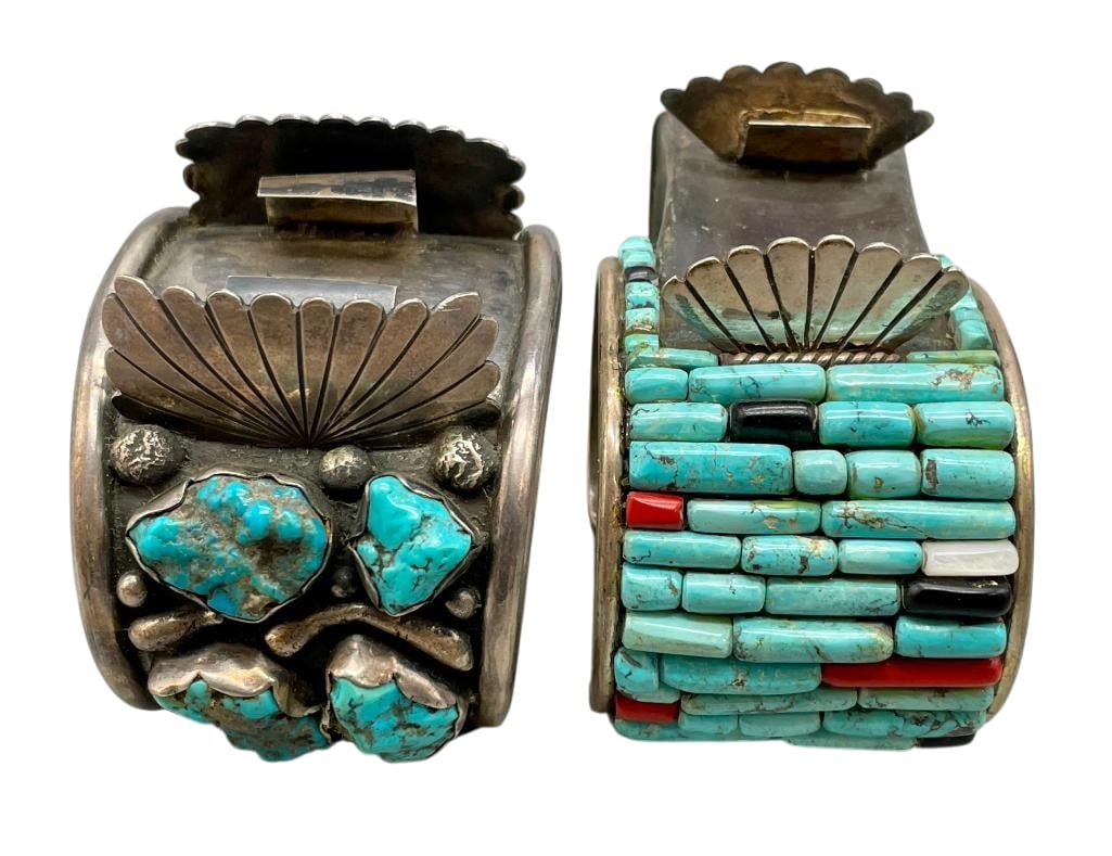 Two Vintage Turquoise Watch Cuffs: Offered here for your consideration are two vintage turquoise watch cuffs. The first bracelet features turquoise nugget cabochons set in scalloped silver bezels with silver accents. The second bracele