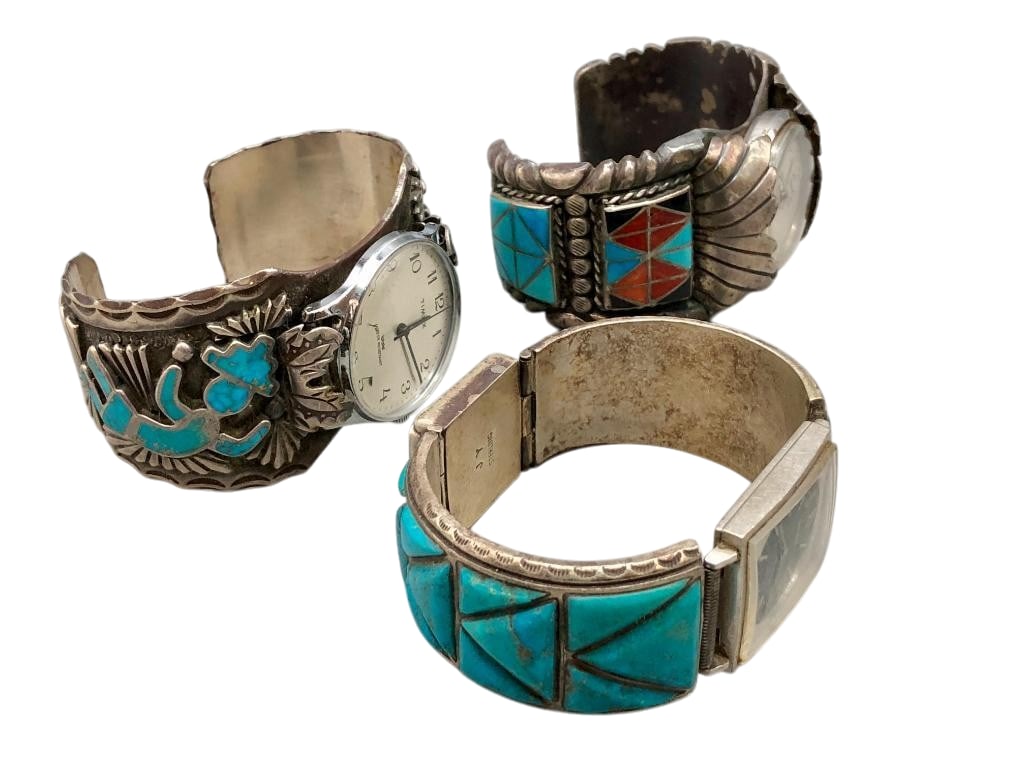 Three Sterling Silver Watch Bracelets With Various Designs: Offered here for your consideration are three sterling silver watch bracelets with various designs. These pieces feature a flush or cobblestone inlay design showcasing turquoise or multi stone. Accent