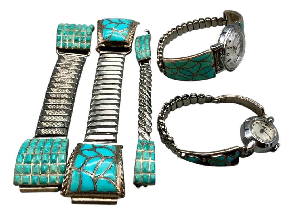 Five Sterling Silver And Turquoise Watch Tips: Offered here for your consideration are five sterling silver and turquoise watch tips. These pieces feature flush and cobblestone turquoise inlay designs. Accenting some of them are silver dots or fil