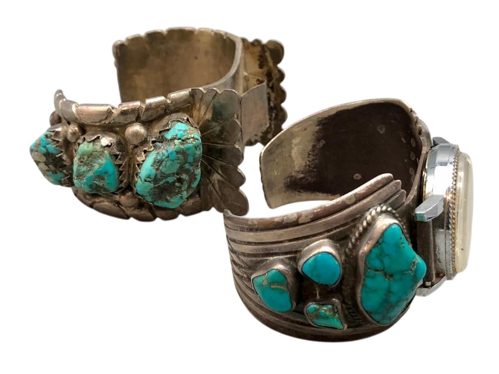 Two Vintage Turquoise And Sterling Silver Watch Bracelets: Offered here for your consideration are two vintage turquoise and sterling silver watch bracelets. Both pieces feature turquoise nugget cabochons set in silver bezels. Accenting the stones are silver 