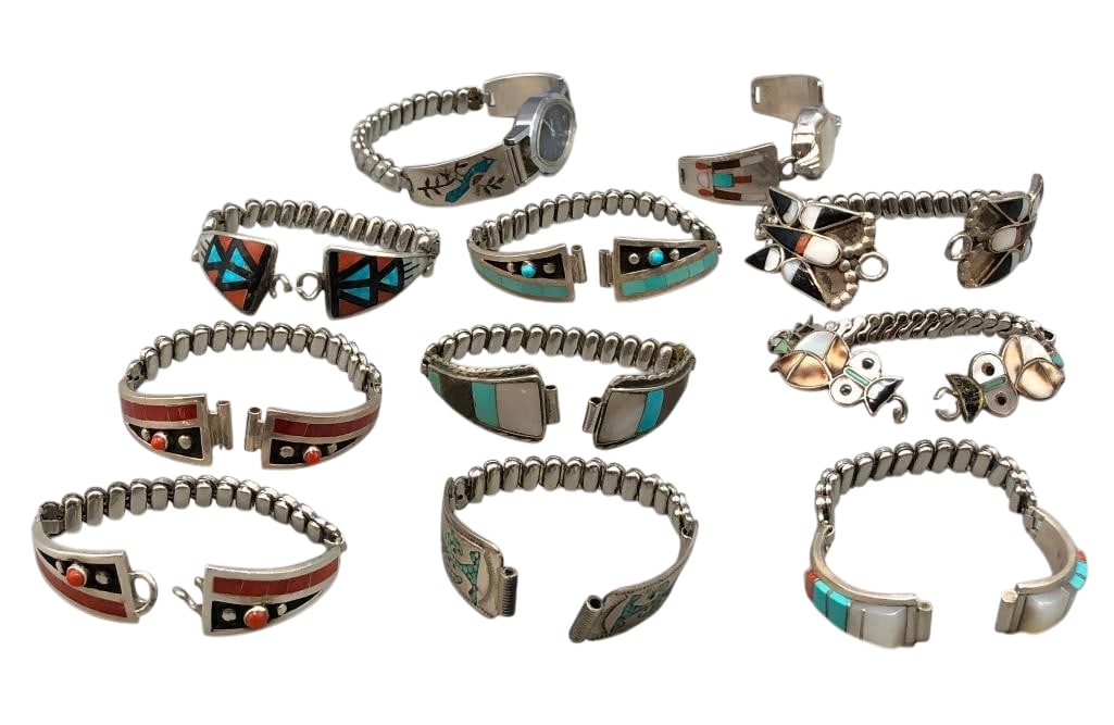11 Sterling Silver And Multi Stone Inlay Watch Tips: Offered here for your consideration are 11 sterling silver and multi stone inlay pairs of watch tips. These pieces showcase a variety of multi stone inlay designs, including flush, channel and chip in