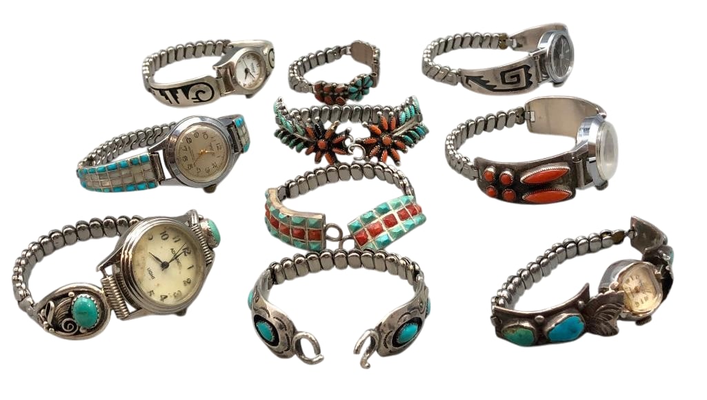 Group of Sterling Silver Watch Tips: Offered here for your consideration is a group of sterling silver watch tips. Some of the pieces feature turquoise or coral cabochons set in smooth or sawtooth silver bezels with silver accents while 