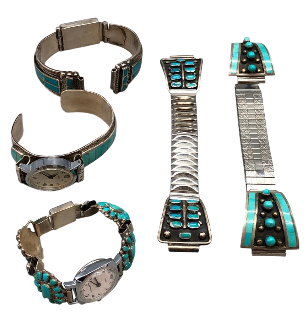Five Turquoise and Sterling Silver Watch Bracelets And Tips: Offered here for your consideration are five turquoise and sterling silver watch bracelets and tips. These pieces are highlighted with turquoise in cabochon or inlay form, all set in silver. Accenting