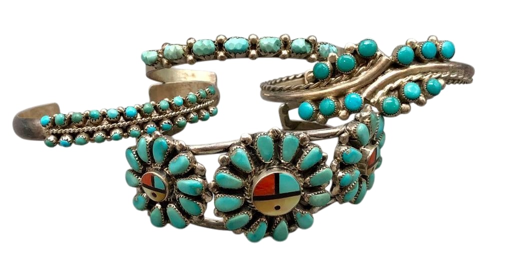 Four Sterling Silver Bracelets With Turquoise: Offered here for your consideration are four sterling silver bracelets with turquoise. Each piece features turquoise cabochons set in sawtooth silver bezels accented with silver dots and twisted wires