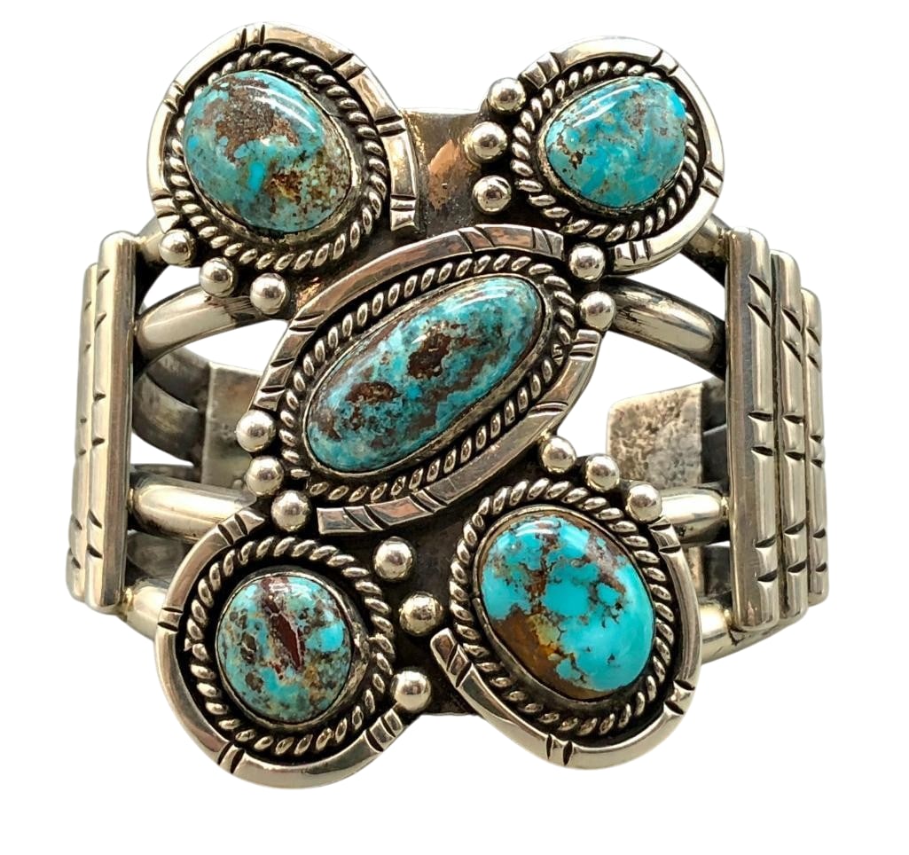 Vintage Five Stone Persian Turquoise And Sterling Silver Bracelet: Offered here for your consideration is a vintage five stone Persian turquoise and sterling silver bracelet. This piece features five Persian turquoise cabochons set in smooth silver bezels. Accenting 