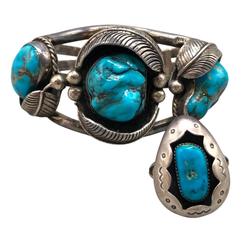Three Stone Turquoise And Sterling Silver Bracelet With Ring: Offered here for your consideration is a three stone turquoise and sterling silver bracelet with ring. Both pieces feature turquoise cabochons set in silver bezels. Accenting the stones are silver dot