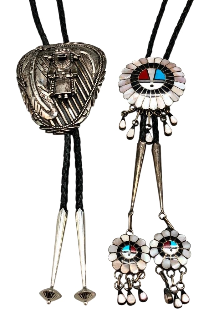 Two Sterling Silver Bolo Ties - One With A Kachina And One Sunface Design: Offered here for your consideration are two sterling silver bolo ties - one with a Kachina and one Sunface design. The first slide features a multi stone Sunface inlay design crafted from mother of pe