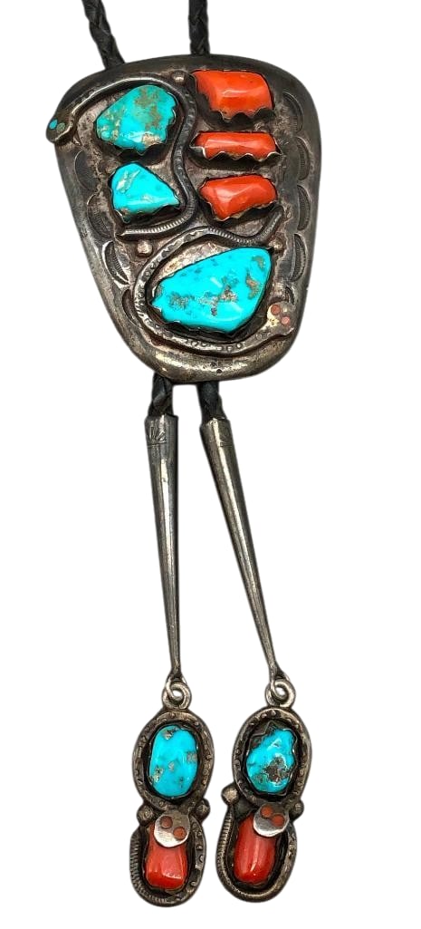 Turquoise, Coral And Sterling Silver Bolo Tie by Effie C.: Offered here for your consideration is a turquoise, coral and sterling silver bolo tie by Effie C. This piece features three turquoise and two coral cabochons set in sawtooth silver bezels. Accenting 