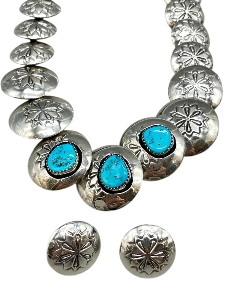 Pillow Bead Sterling Silver Necklace With Earrings: Offered here for your consideration is a pillow bead sterling silver necklace with earrings. The necklace features pillow beads in graduated sizes accented with hand stamped designs, all strung on coa