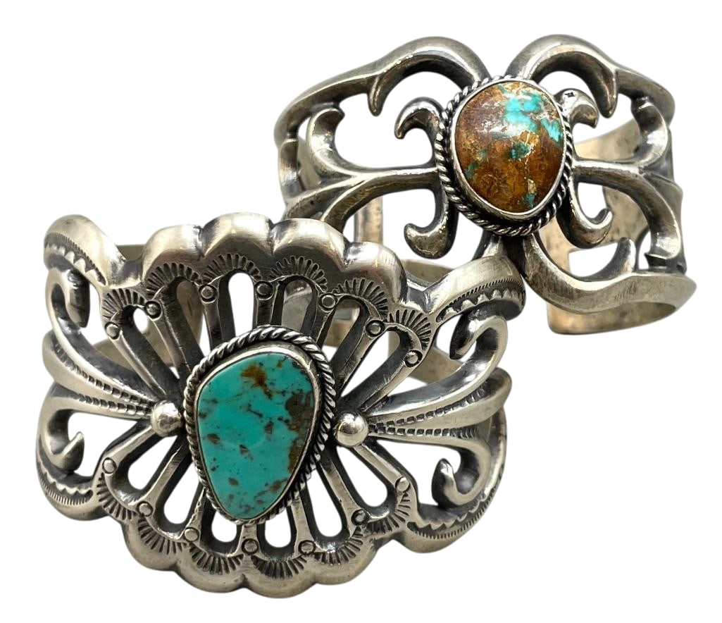 Two Sandcast Sterling Silver And Turquoise Bracelets: Offered here for your consideration are two sandcast sterling silver and turquoise bracelets. Both pieces feature a turquoise cabochon set in a smooth silver bezel accented with twisted wire and hand 
