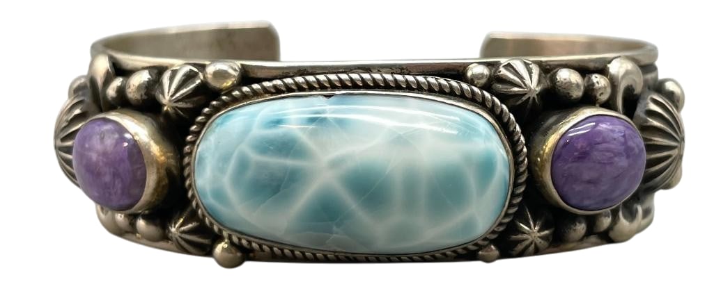 Sterling Silver And Multi Stone Bracelet By Albert Jake: Offered here for your consideration is a sterling silver and multi stone bracelet by Albert Jake. This piece features one larimar and two sugilite stones set in smooth silver bezels. Accenting the sto