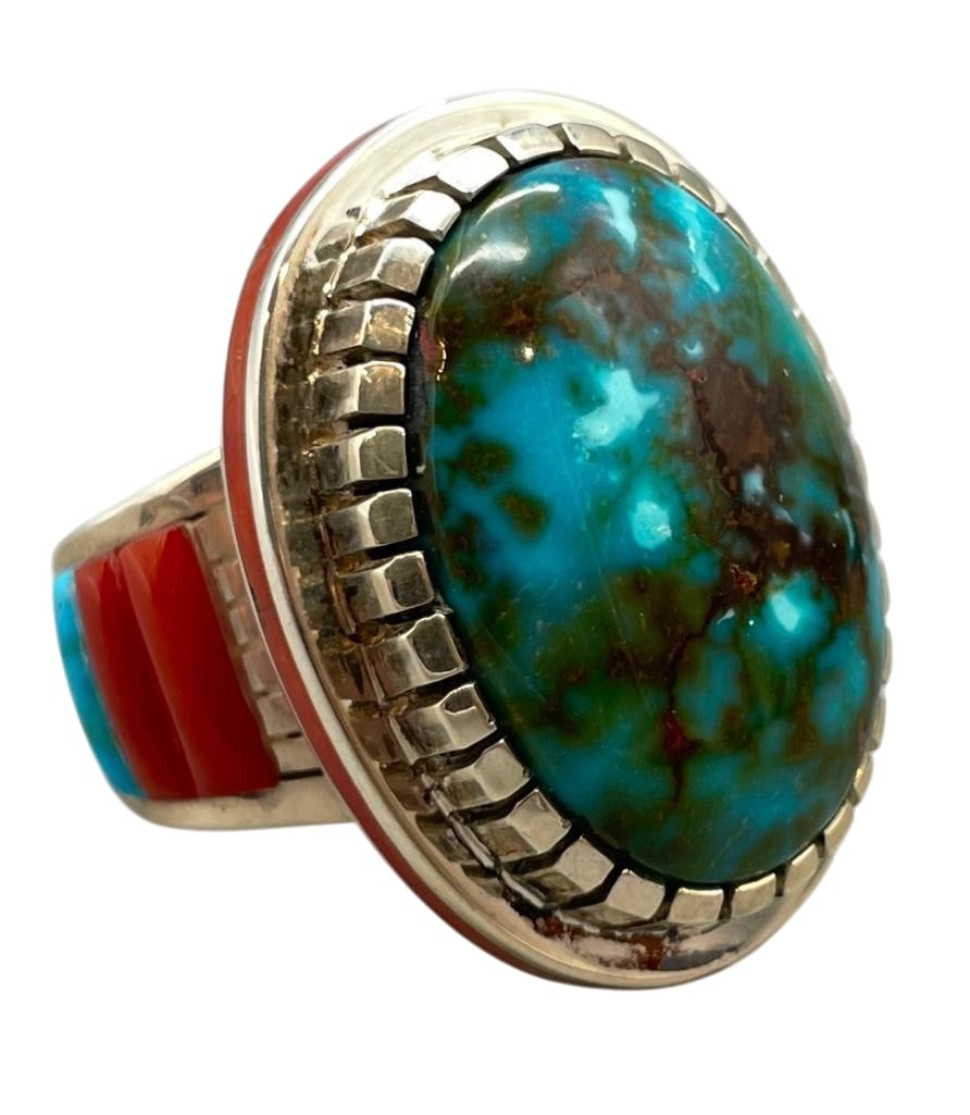 Phenomenal Sterling Silver, Turquoise And Coral Inlay Ring By Michael Perry: Offered here for your consideration is a phenomenal sterling silver, turquoise and coral inlay ring by Michael Perry. This piece features a great turquoise cabochon set in a serrated silver bezel. The