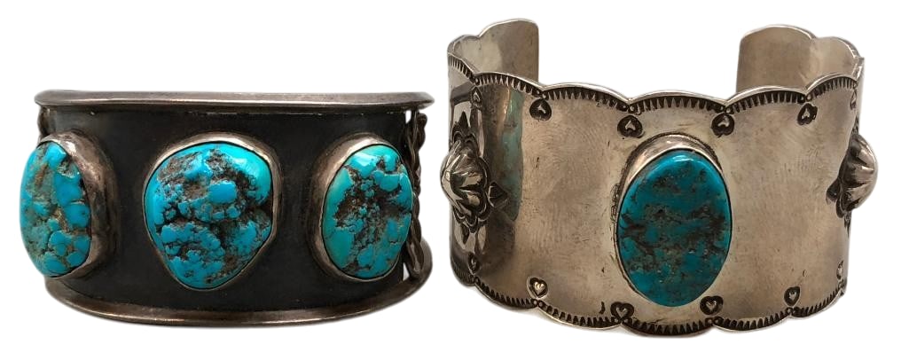 Two Vintage Turquoise and Sterling Silver Bracelets: Offered here for your consideration are two vintage turquoise and sterling silver bracelets. Both pieces feature turquoise cabochons set in smooth silver bezels. Accenting the stones are repousse moti