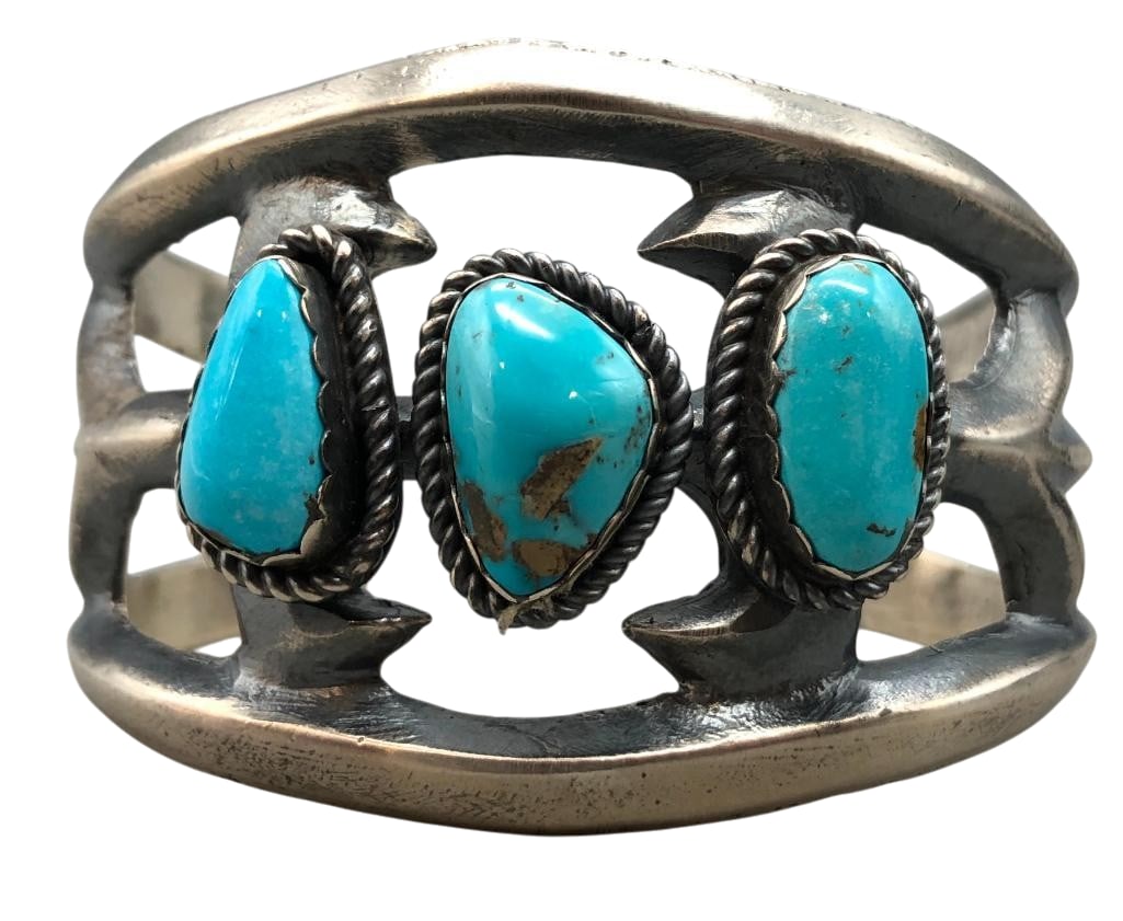 Contemporary Sterling Silver Sandcast And Lone Mountain Turquoise Bracelet by Eugene Belone: Offered here for your consideration is a contemporary sterling silver sandcast and Lone Mountain turquoise bracelet by Eugene Belone. This piece features three Lone Mountain turquoise cabochons set in